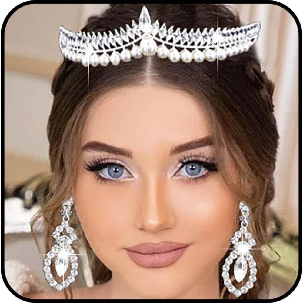 Pearl Crown Wedding Tiara Silver Rhinestone Princess Headpiece For Brides